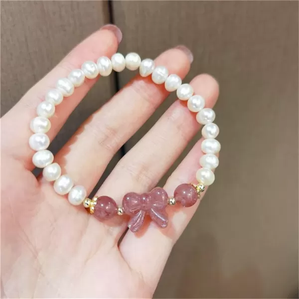 Strawberry Quartz Pearl Stretch Bracelet for Women Girls Energy Bowknot Crystal Stone Beads Charm Imitation Baroque Pearls Chain Lucky Retro Jewelry Gift Birthday Christmas Wedding