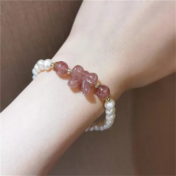 Strawberry Quartz Pearl Stretch Bracelet for Women Girls Energy Bowknot Crystal Stone Beads Charm Imitation Baroque Pearls Chain Lucky Retro Jewelry Gift Birthday Christmas Wedding