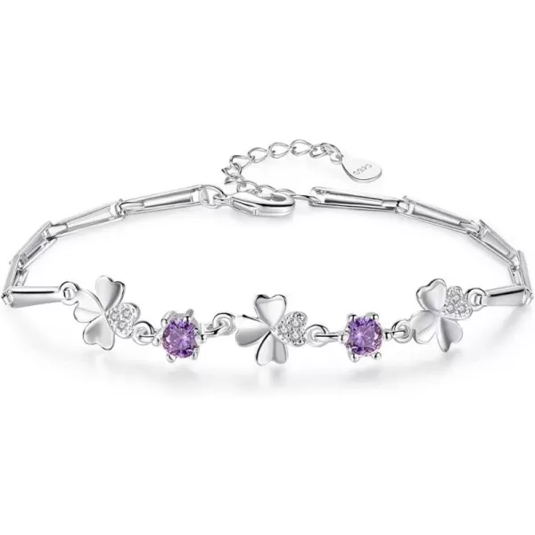 Amethyst CZ Heart Clover Flower Bracelet for Women 14K White Gold Plated Cubic Zirconia Birthstone Love Charms Adjustable Rectangle Bamboo Chains Fashion Dainty Jewelry Birthday Wedding