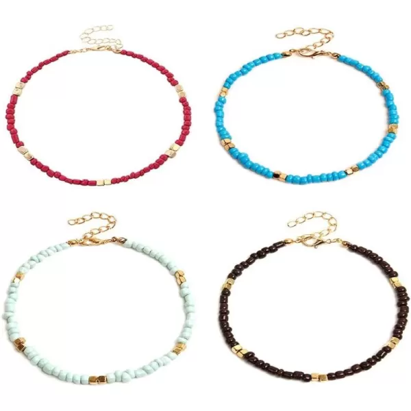 Dtja 4 PCS Minimalist Beaded Anklet Bracelet Set for Women Gold Plated Layered Square Seeds Chain Adjustable Bohemian Fashion Retro Handmade Nickel Free Summer Beach Y2K Jewelry