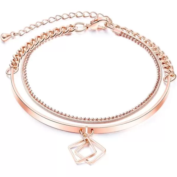 Dtja Delicate Rose Gold Bracelet with Minimalist Geometrical Charm for Women Girls Metal Layered Bangle Wrap Bracelets Ball Bead Chain Adjustable Fashion Friendship Wedding Jewelry