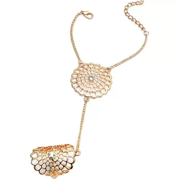 Filigree Flower Ring Bracelet for Women Girls 14K Gold Plated Dainty CZ Crystal Lace Slave Hand Chain Harness Bangle Boho Gypsy Bollywood Wedding Birthday Retro Party Y2K Jewelry 2 Pieces