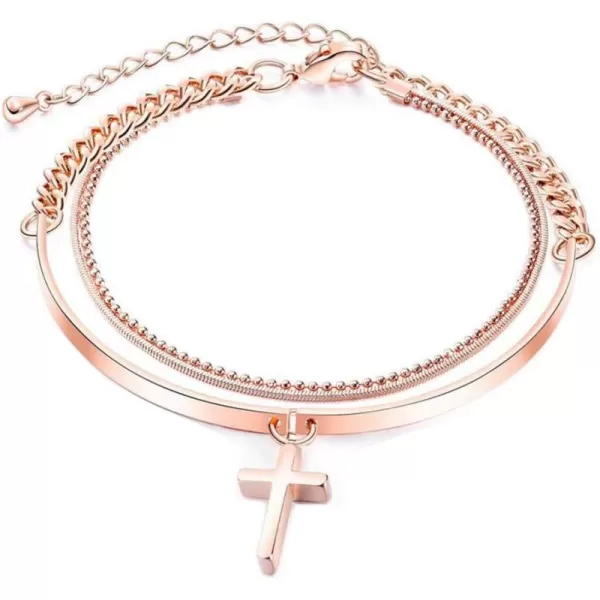 Layered Charm Cross Bracelet for Women Girls Metal 18K Rose Gold Plated MultiLayer Bangle Wrap Bracelets Hand Chain Adjustable Crucifix Religionary Friendship Jewelry Gift for Best Friend Sister Mom