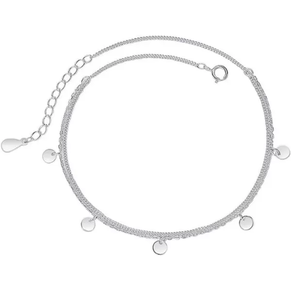 Sterling Silver Layered Anklets for Women Adjustable 2 layer Coin Round Disc Circle Sequins Pendant Drop Adjustable Tassel Foot Chain 10 inch Anklet Bracelet Boho Beach Jewelry