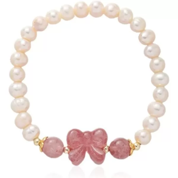 Strawberry Quartz Pearl Stretch Bracelet for Women Girls Energy Bowknot Crystal Stone Beads Charm Imitation Baroque Pearls Chain Lucky Retro Jewelry Gift Birthday Christmas Wedding