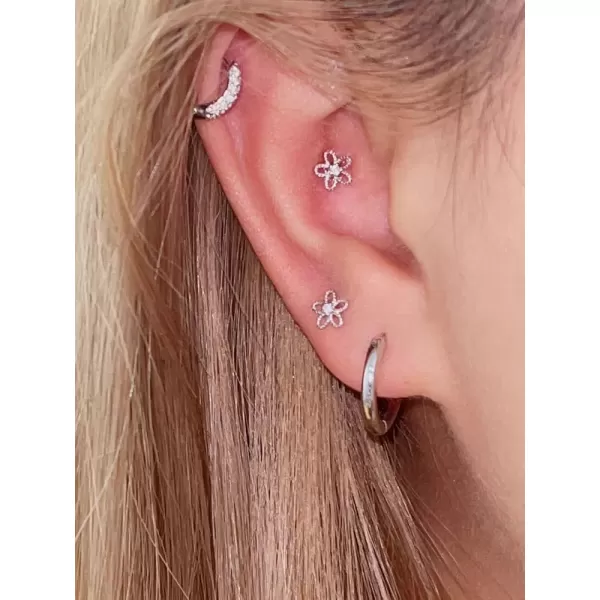 18G Daisy Flower Stud Cartilage Earrings for Women Girls 925 Sterling Silver CZ Tiny Cute Floral 3mm Ball Barbell Screw Back Studs Sleeper Tragus Post Hypoallergenic Piercing Body Jewelry GiftsSilver