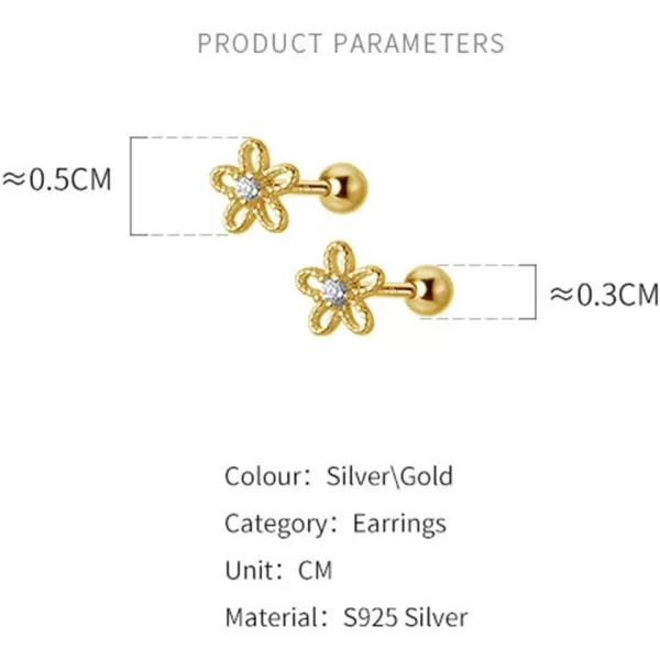 18G Daisy Flower Stud Cartilage Earrings for Women Girls 925 Sterling Silver CZ Tiny Cute Floral 3mm Ball Barbell Screw Back Studs Sleeper Tragus Post Hypoallergenic Piercing Body Jewelry GiftsGold