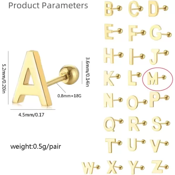 18G Tiny Initial Stud Earrings for Women Girls 925 Sterling Silver 14K Gold Plated Hypoallergenic Cute Small Alphabet Letter Cartilage Tragus 3mm Ball Screw Back Piercing Sensitive EarM Gold