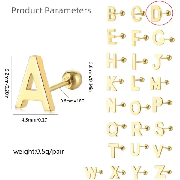 18G Tiny Initial Stud Earrings for Women Girls 925 Sterling Silver 14K Gold Plated Hypoallergenic Cute Small Alphabet Letter Cartilage Tragus 3mm Ball Screw Back Piercing Sensitive EarD Gold