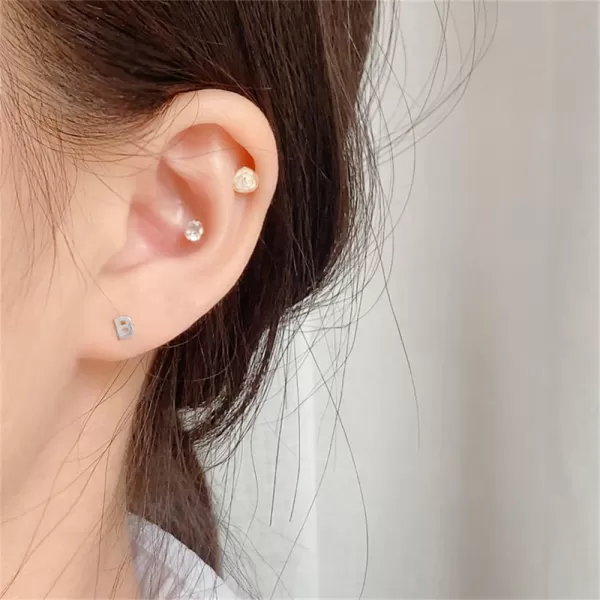 18G Tiny Initial Stud Earrings for Women Girls 925 Sterling Silver 14K Gold Plated Hypoallergenic Cute Small Alphabet Letter Cartilage Tragus 3mm Ball Screw Back Piercing Sensitive EarB Silver