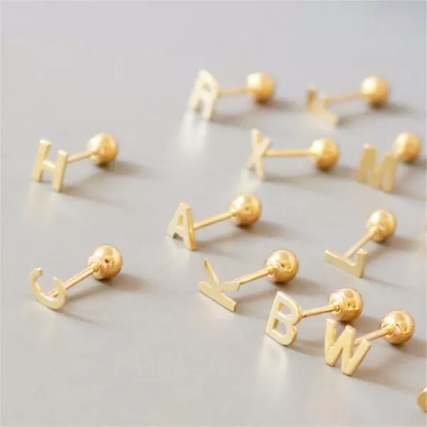 18G Tiny Initial Stud Earrings for Women Girls 925 Sterling Silver 14K Gold Plated Hypoallergenic Cute Small Alphabet Letter Cartilage Tragus 3mm Ball Screw Back Piercing Sensitive EarC Gold