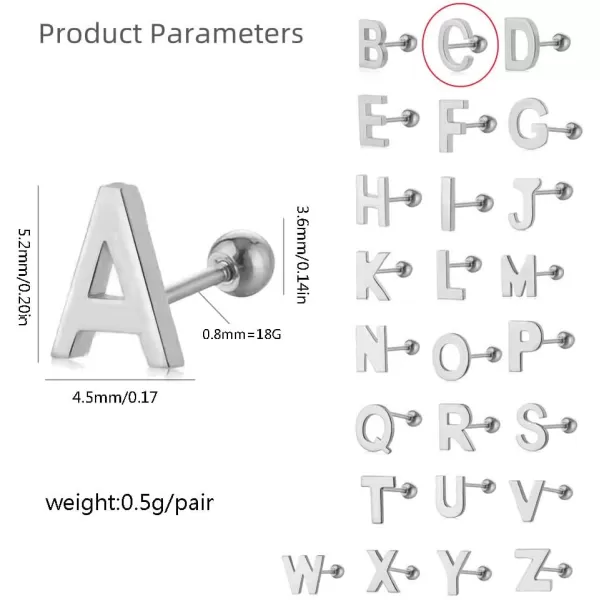 18G Tiny Initial Stud Earrings for Women Girls 925 Sterling Silver 14K Gold Plated Hypoallergenic Cute Small Alphabet Letter Cartilage Tragus 3mm Ball Screw Back Piercing Sensitive EarC Silver