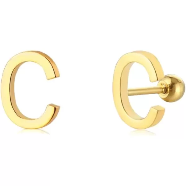 18G Tiny Initial Stud Earrings for Women Girls 925 Sterling Silver 14K Gold Plated Hypoallergenic Cute Small Alphabet Letter Cartilage Tragus 3mm Ball Screw Back Piercing Sensitive EarC Gold