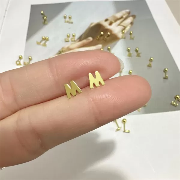 18G Tiny Initial Stud Earrings for Women Girls 925 Sterling Silver 14K Gold Plated Hypoallergenic Cute Small Alphabet Letter Cartilage Tragus 3mm Ball Screw Back Piercing Sensitive EarM Gold