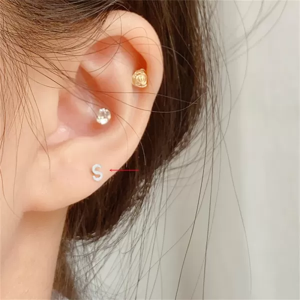 18G Tiny Initial Stud Earrings for Women Girls 925 Sterling Silver 14K Gold Plated Hypoallergenic Cute Small Alphabet Letter Cartilage Tragus 3mm Ball Screw Back Piercing Sensitive EarS Silver