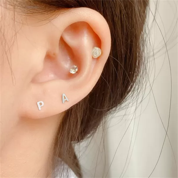 18G Tiny Initial Stud Earrings for Women Girls 925 Sterling Silver 14K Gold Plated Hypoallergenic Cute Small Alphabet Letter Cartilage Tragus 3mm Ball Screw Back Piercing Sensitive EarA Silver