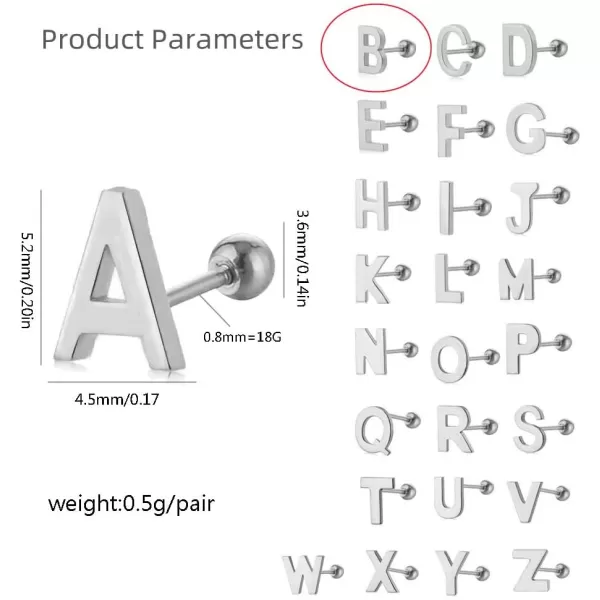 18G Tiny Initial Stud Earrings for Women Girls 925 Sterling Silver 14K Gold Plated Hypoallergenic Cute Small Alphabet Letter Cartilage Tragus 3mm Ball Screw Back Piercing Sensitive EarB Silver