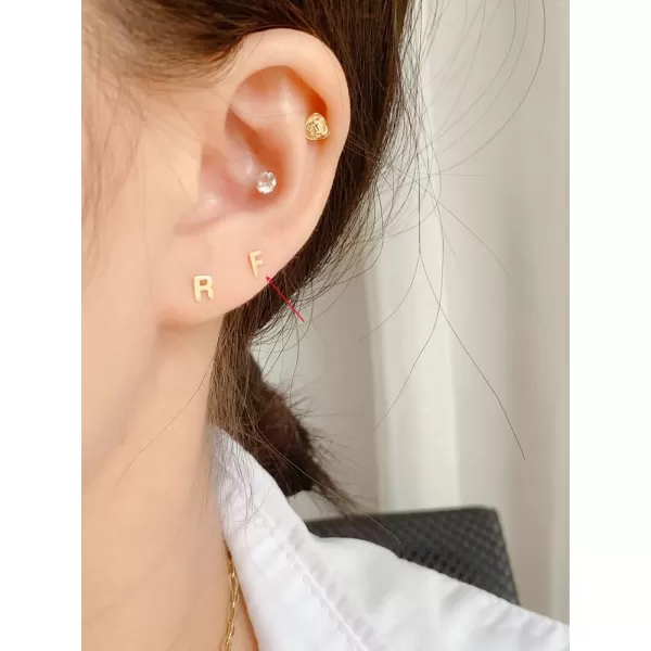 18G Tiny Initial Stud Earrings for Women Girls 925 Sterling Silver 14K Gold Plated Hypoallergenic Cute Small Alphabet Letter Cartilage Tragus 3mm Ball Screw Back Piercing Sensitive EarF Gold