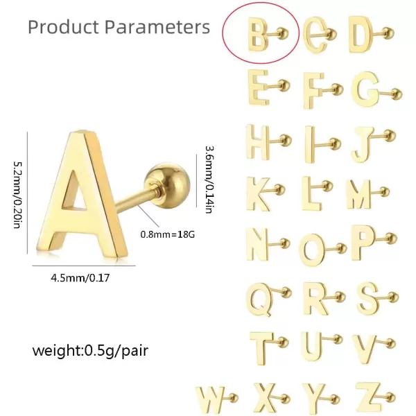 18G Tiny Initial Stud Earrings for Women Girls 925 Sterling Silver 14K Gold Plated Hypoallergenic Cute Small Alphabet Letter Cartilage Tragus 3mm Ball Screw Back Piercing Sensitive EarB Gold