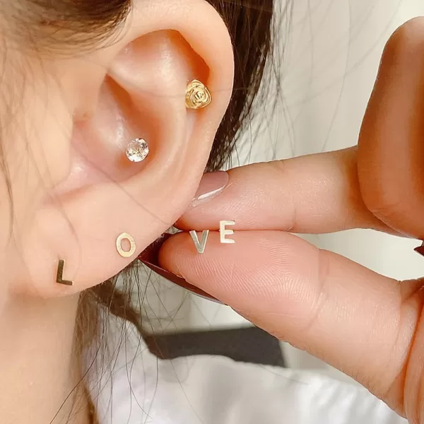 18G Tiny Initial Stud Earrings for Women Girls 925 Sterling Silver 14K Gold Plated Hypoallergenic Cute Small Alphabet Letter Cartilage Tragus 3mm Ball Screw Back Piercing Sensitive EarL Gold