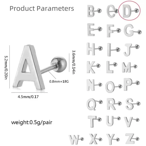 18G Tiny Initial Stud Earrings for Women Girls 925 Sterling Silver 14K Gold Plated Hypoallergenic Cute Small Alphabet Letter Cartilage Tragus 3mm Ball Screw Back Piercing Sensitive EarD Silver