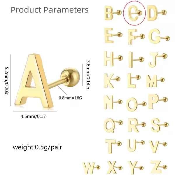 18G Tiny Initial Stud Earrings for Women Girls 925 Sterling Silver 14K Gold Plated Hypoallergenic Cute Small Alphabet Letter Cartilage Tragus 3mm Ball Screw Back Piercing Sensitive EarC Gold