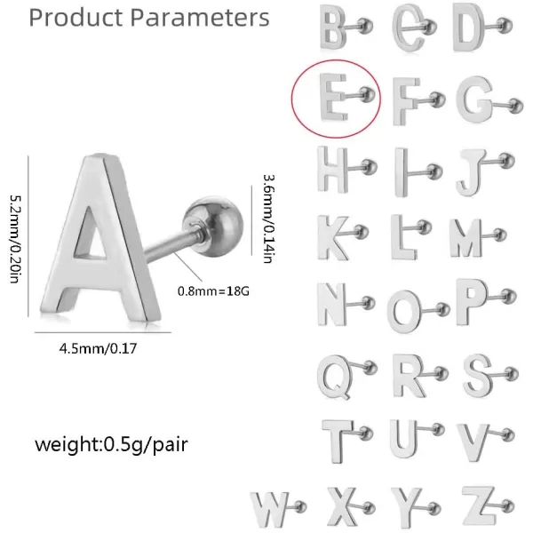 18G Tiny Initial Stud Earrings for Women Girls 925 Sterling Silver 14K Gold Plated Hypoallergenic Cute Small Alphabet Letter Cartilage Tragus 3mm Ball Screw Back Piercing Sensitive EarE Silver
