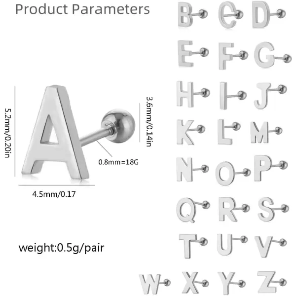 18G Tiny Initial Stud Earrings for Women Girls 925 Sterling Silver 14K Gold Plated Hypoallergenic Cute Small Alphabet Letter Cartilage Tragus 3mm Ball Screw Back Piercing Sensitive EarA Silver