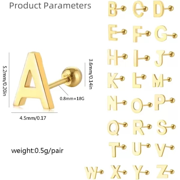 18G Tiny Initial Stud Earrings for Women Girls 925 Sterling Silver 14K Gold Plated Hypoallergenic Cute Small Alphabet Letter Cartilage Tragus 3mm Ball Screw Back Piercing Sensitive EarA Gold