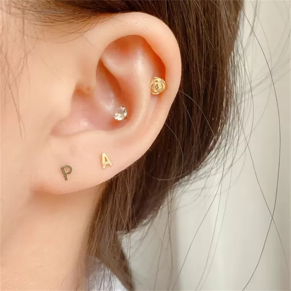 18G Tiny Initial Stud Earrings for Women Girls 925 Sterling Silver 14K Gold Plated Hypoallergenic Cute Small Alphabet Letter Cartilage Tragus 3mm Ball Screw Back Piercing Sensitive EarA Gold