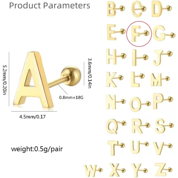 18G Tiny Initial Stud Earrings for Women Girls 925 Sterling Silver 14K Gold Plated Hypoallergenic Cute Small Alphabet Letter Cartilage Tragus 3mm Ball Screw Back Piercing Sensitive EarF Gold