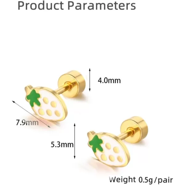 18g Tiny Strawberry Stud Earrings Flat Back for Women Teen Girls 14k Gold Plated Surgical Stainless Steel Hypoallergenic Cute Small Enamel Fruits Cartilage Tragus Screw Back Piercing Sensitive Ear JewelryWhite
