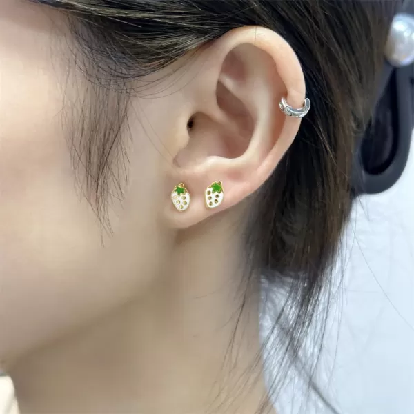 18g Tiny Strawberry Stud Earrings Flat Back for Women Teen Girls 14k Gold Plated Surgical Stainless Steel Hypoallergenic Cute Small Enamel Fruits Cartilage Tragus Screw Back Piercing Sensitive Ear JewelryWhite