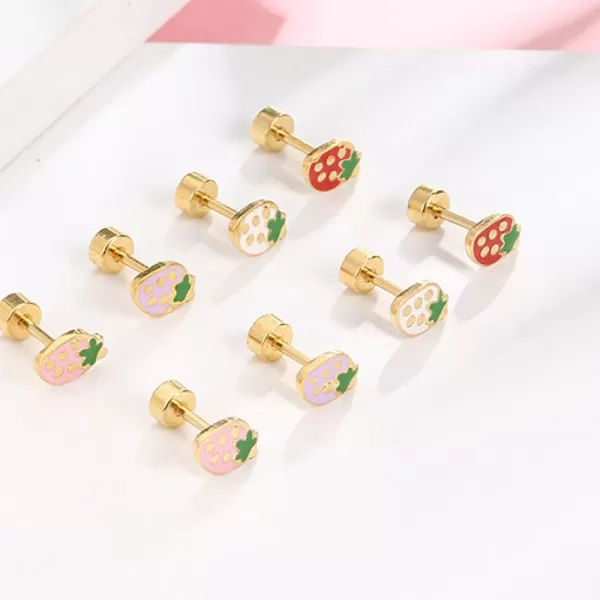 18g Tiny Strawberry Stud Earrings Flat Back for Women Teen Girls 14k Gold Plated Surgical Stainless Steel Hypoallergenic Cute Small Enamel Fruits Cartilage Tragus Screw Back Piercing Sensitive Ear JewelryWhite