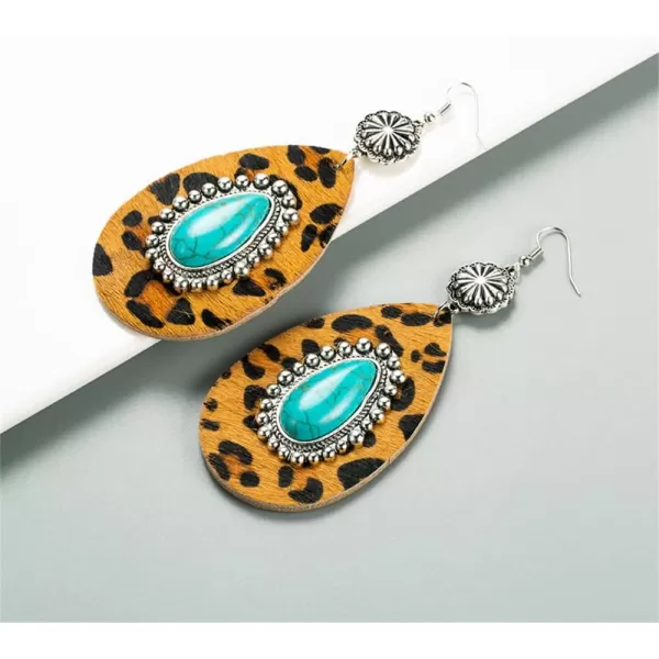 Big Turquoise Teardrop Leather Dangle Earrings for Women Girls Hypoallergenic Silvery Boho Ball Bead Flower Long Artificial Leather Leopard Print Statement Drop Stud Hook Retro Jewelry GiftsBrown