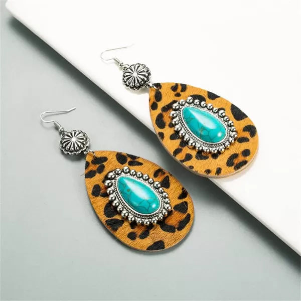 Big Turquoise Teardrop Leather Dangle Earrings for Women Girls Hypoallergenic Silvery Boho Ball Bead Flower Long Artificial Leather Leopard Print Statement Drop Stud Hook Retro Jewelry GiftsBrown