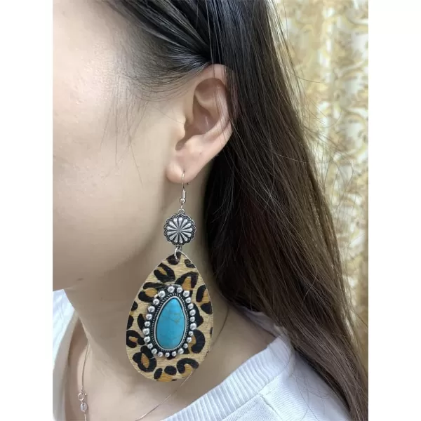 Big Turquoise Teardrop Leather Dangle Earrings for Women Girls Hypoallergenic Silvery Boho Ball Bead Flower Long Artificial Leather Leopard Print Statement Drop Stud Hook Retro Jewelry GiftsBrown
