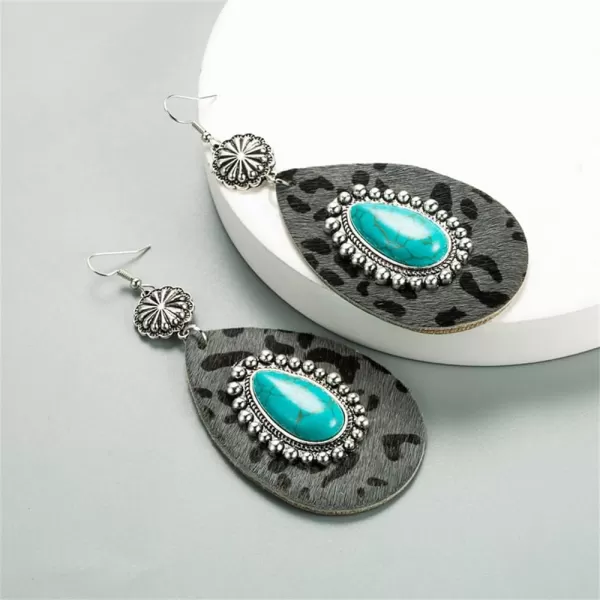Big Turquoise Teardrop Leather Dangle Earrings for Women Girls Hypoallergenic Silvery Boho Ball Bead Flower Long Artificial Leather Leopard Print Statement Drop Stud Hook Retro Jewelry GiftsGrey