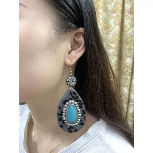Big Turquoise Teardrop Leather Dangle Earrings for Women Girls Hypoallergenic Silvery Boho Ball Bead Flower Long Artificial Leather Leopard Print Statement Drop Stud Hook Retro Jewelry GiftsGrey