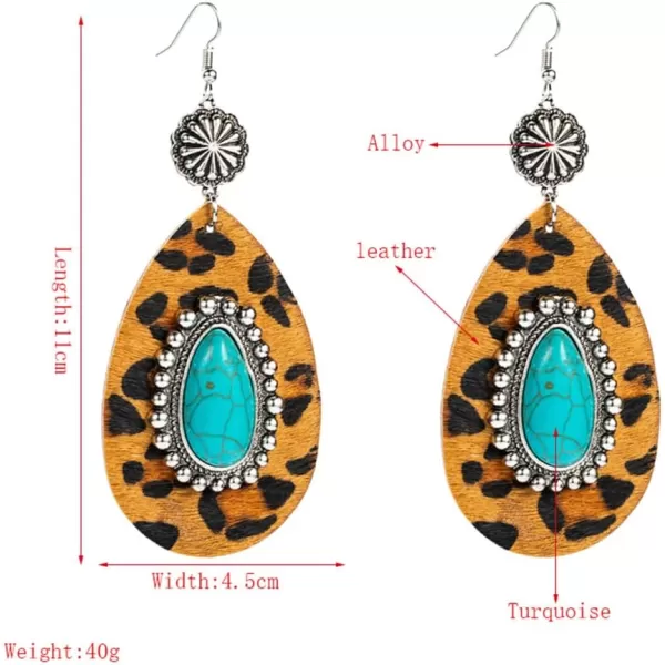 Big Turquoise Teardrop Leather Dangle Earrings for Women Girls Hypoallergenic Silvery Boho Ball Bead Flower Long Artificial Leather Leopard Print Statement Drop Stud Hook Retro Jewelry GiftsBrown