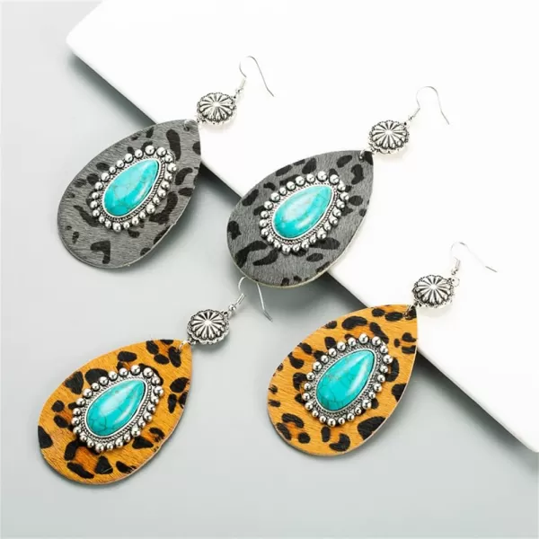 Big Turquoise Teardrop Leather Dangle Earrings for Women Girls Hypoallergenic Silvery Boho Ball Bead Flower Long Artificial Leather Leopard Print Statement Drop Stud Hook Retro Jewelry GiftsGrey