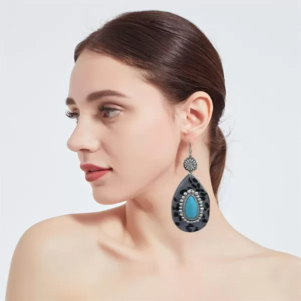 Big Turquoise Teardrop Leather Dangle Earrings for Women Girls Hypoallergenic Silvery Boho Ball Bead Flower Long Artificial Leather Leopard Print Statement Drop Stud Hook Retro Jewelry GiftsGrey