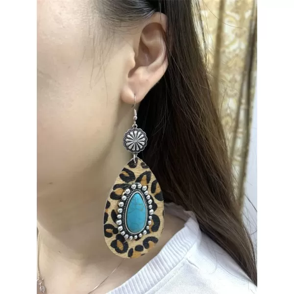 Big Turquoise Teardrop Leather Dangle Earrings for Women Girls Hypoallergenic Silvery Boho Ball Bead Flower Long Artificial Leather Leopard Print Statement Drop Stud Hook Retro Jewelry GiftsBrown