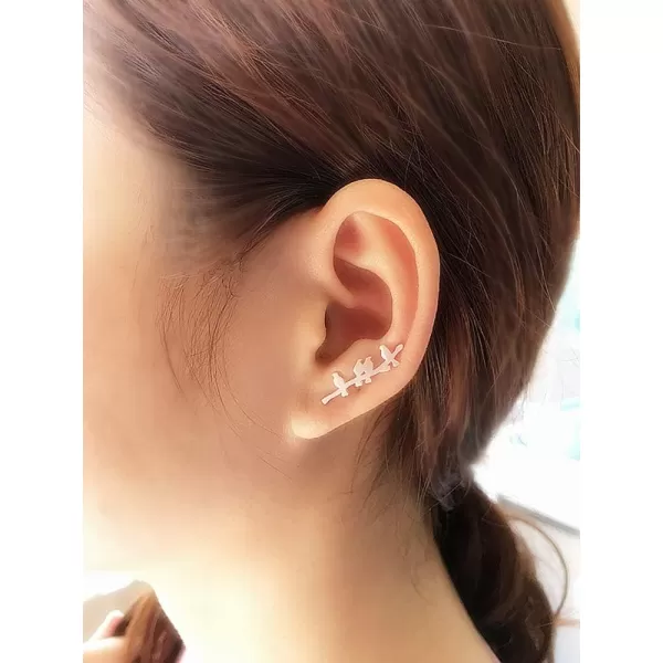 Bird Ear Cuff Wrap Crawler Climber Earrings for Women Girls S925 Sterling Silver Brushed Little Birds Stand on Tree Branch Stud Clip on Post Pin Earrings Delicate Lightweight JewelrySilver