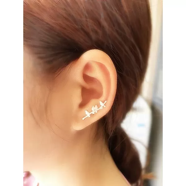 Bird Ear Cuff Wrap Crawler Climber Earrings for Women Girls S925 Sterling Silver Brushed Little Birds Stand on Tree Branch Stud Clip on Post Pin Earrings Delicate Lightweight JewelrySilver