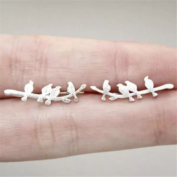 Bird Ear Cuff Wrap Crawler Climber Earrings for Women Girls S925 Sterling Silver Brushed Little Birds Stand on Tree Branch Stud Clip on Post Pin Earrings Delicate Lightweight JewelrySilver