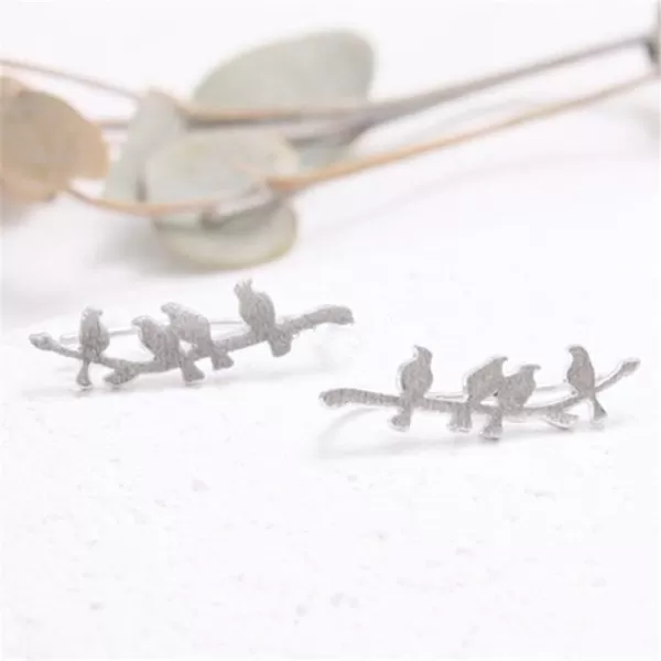 Bird Ear Cuff Wrap Crawler Climber Earrings for Women Girls S925 Sterling Silver Brushed Little Birds Stand on Tree Branch Stud Clip on Post Pin Earrings Delicate Lightweight JewelrySilver