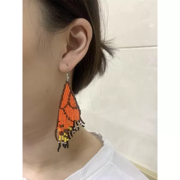 Boho Butterfly Ball Bead Statement Drop Dangle Earrings for Women Girls Bohemian Resin Beaded Monarch Hindwing Hook Dangling Stud Handmade Lightweight Jewelry Birthday Wedding PartyOrange Long