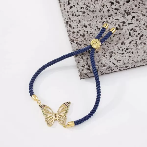 Boho Butterfly Bracelet for Women Girls Colored Cubic Zirconia Boho Sturdy Braided String Rope Adjustable Comfortable Lightweight Birthday Holiday Jewelry Dainty Gift for Daughter Mother Sister Blue