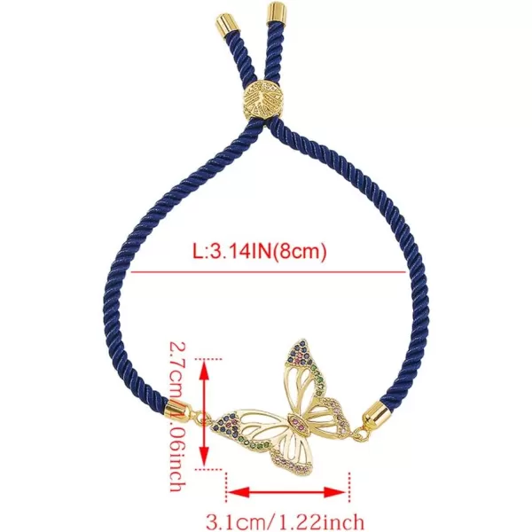 Boho Butterfly Bracelet for Women Girls Colored Cubic Zirconia Boho Sturdy Braided String Rope Adjustable Comfortable Lightweight Birthday Holiday Jewelry Dainty Gift for Daughter Mother Sister Blue